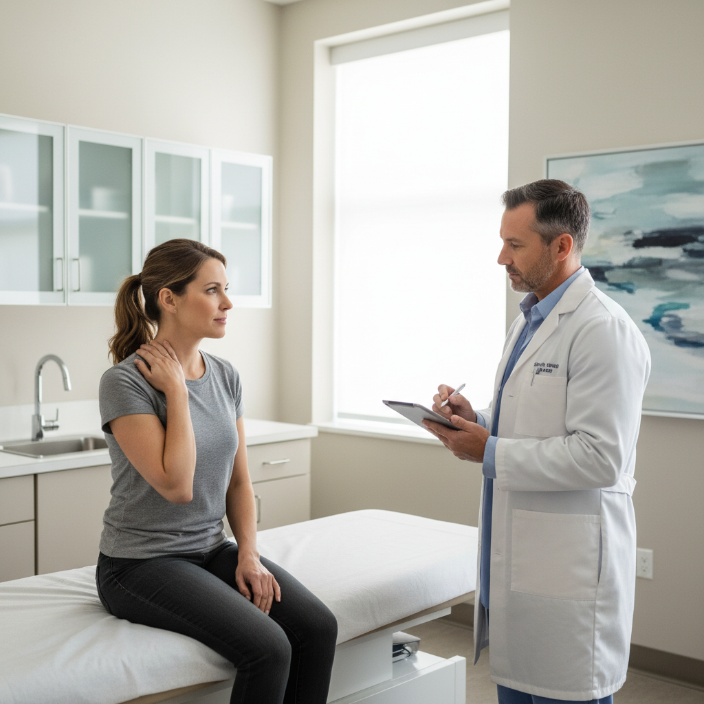 Patient talking with a doctor in a medical office after a car accident.