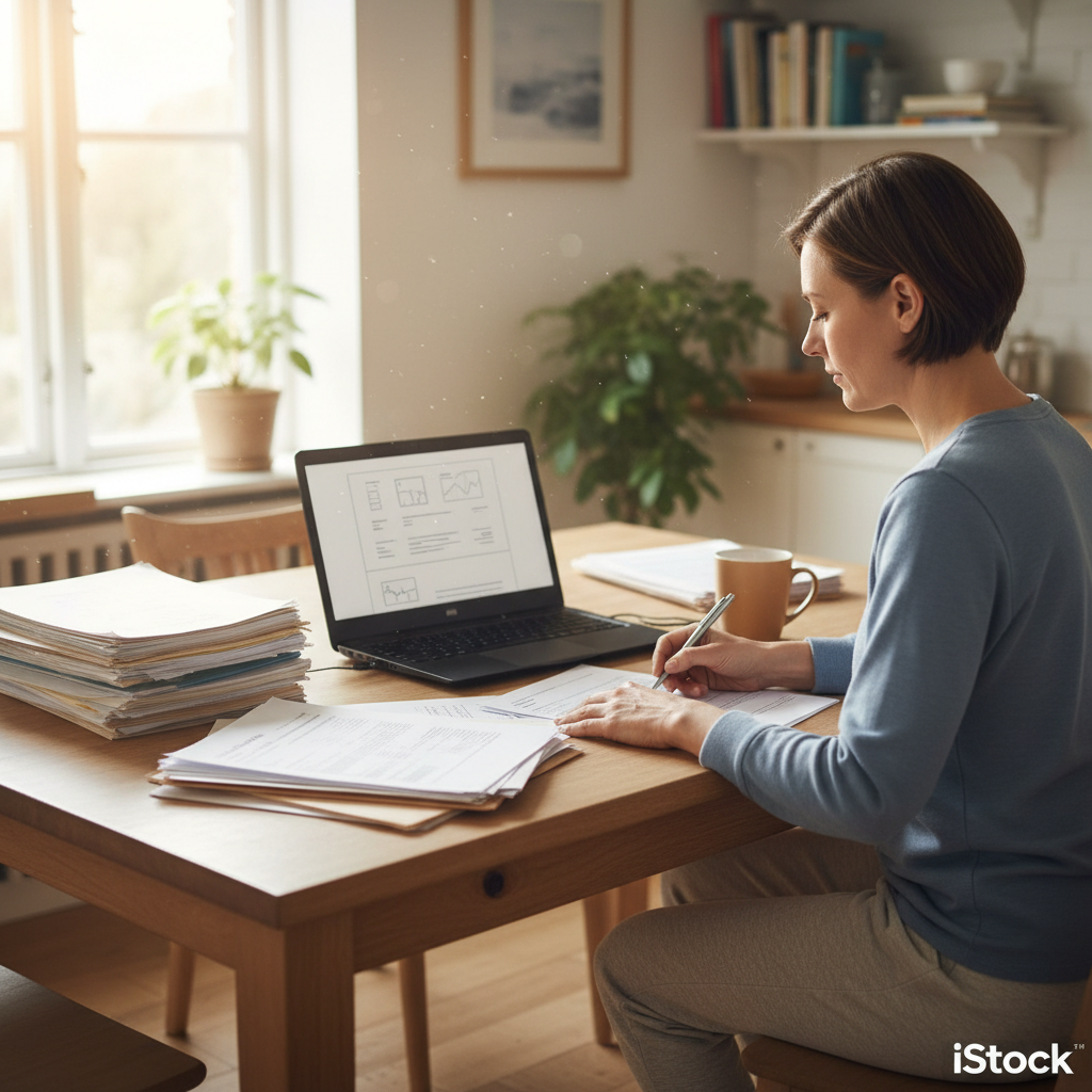 Person at home reviewing car accident paperwork and a laptop showing an online accident report.