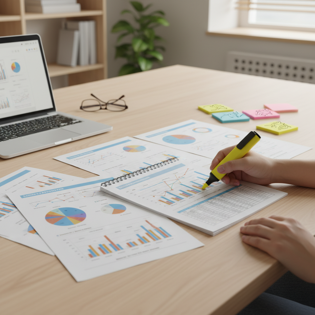 Person highlighting sections of a printed insurance claim report spread out on a desk