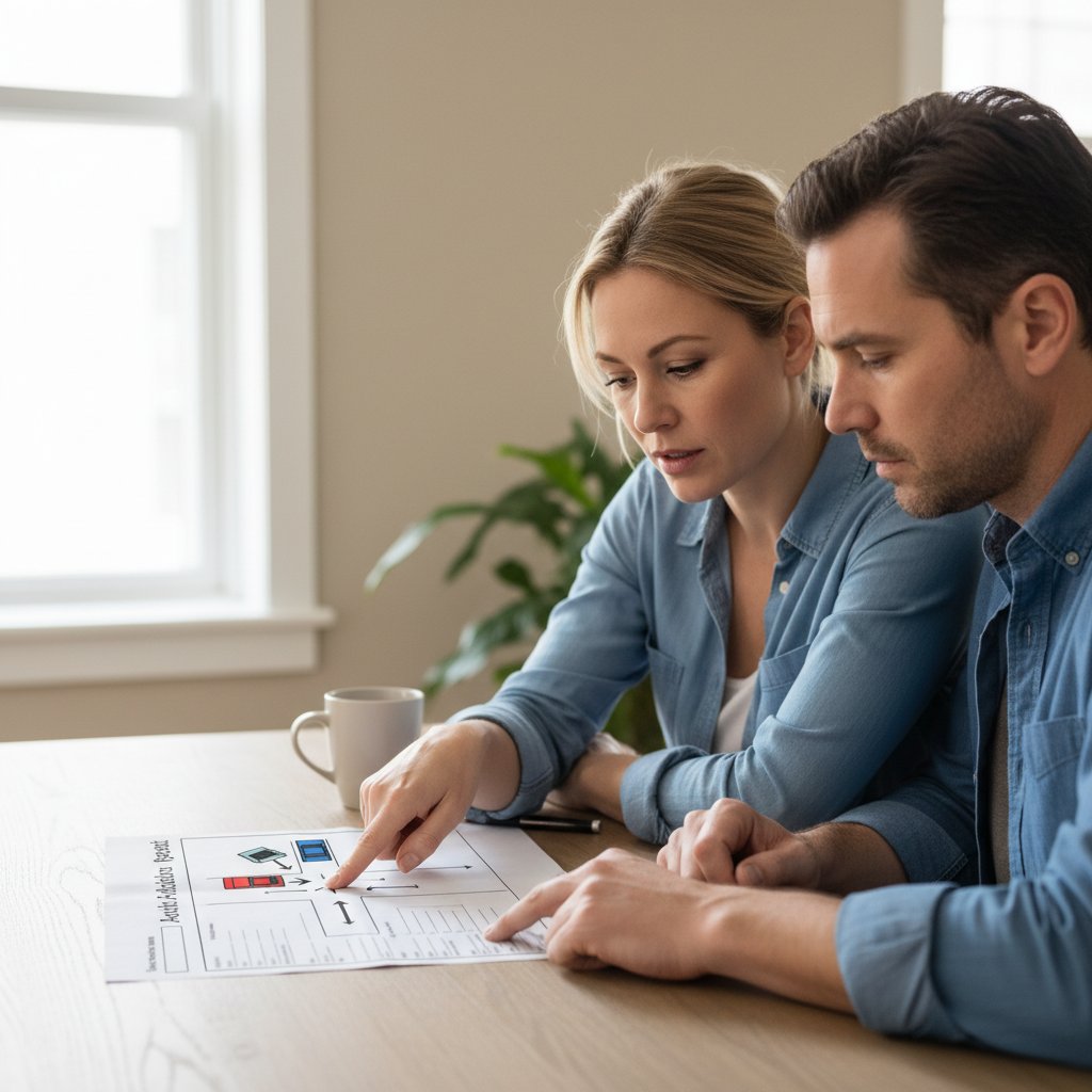 Two people at a table pointing to a crash diagram on a printed police accident report