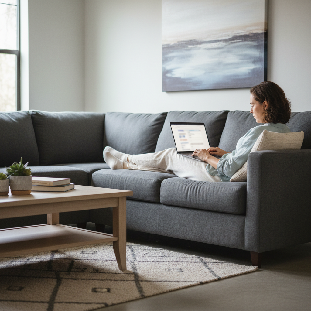 Person sitting on a sofa using a laptop to look up an accident report online