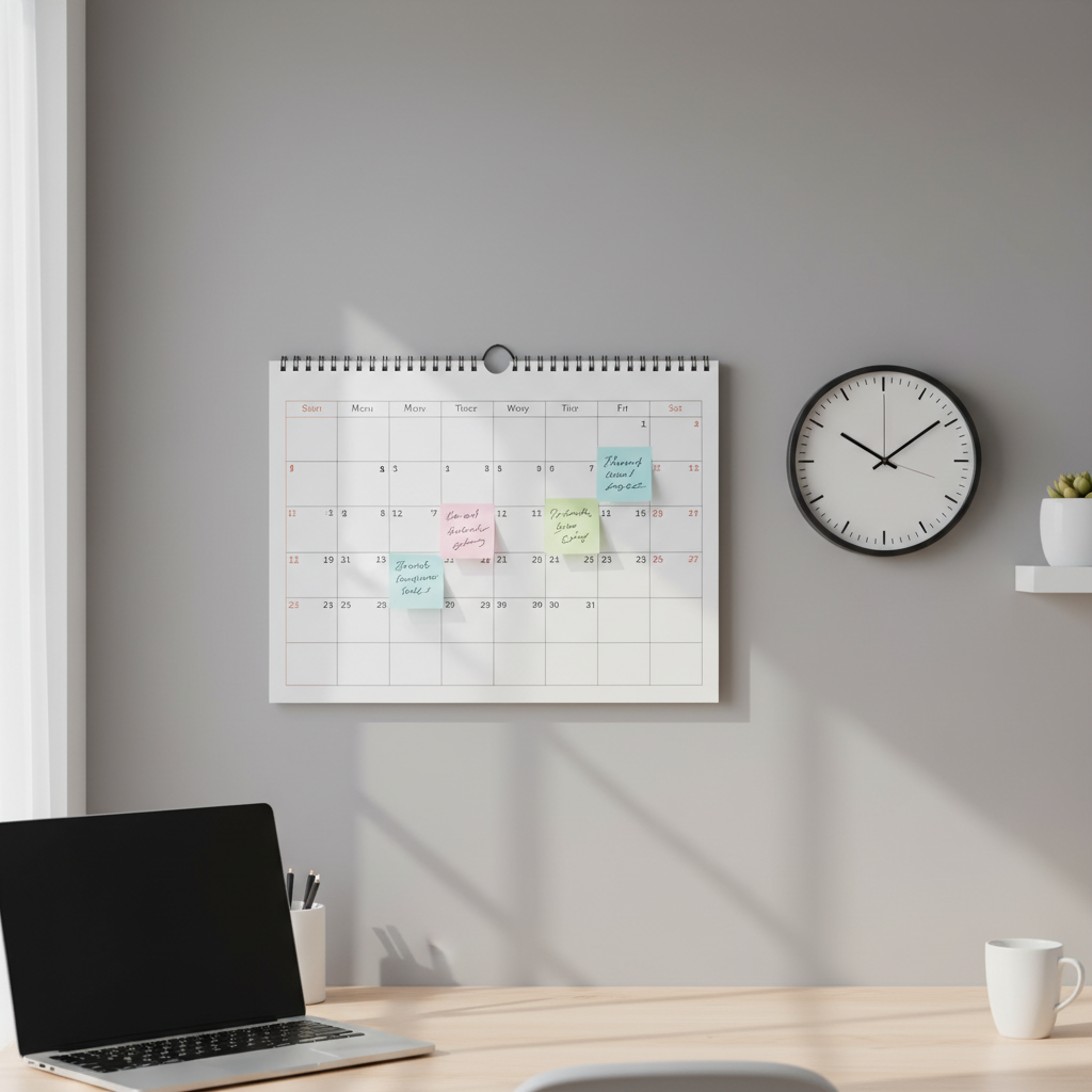 Wall calendar and clock in a home office with dates marked to follow up on a police accident report