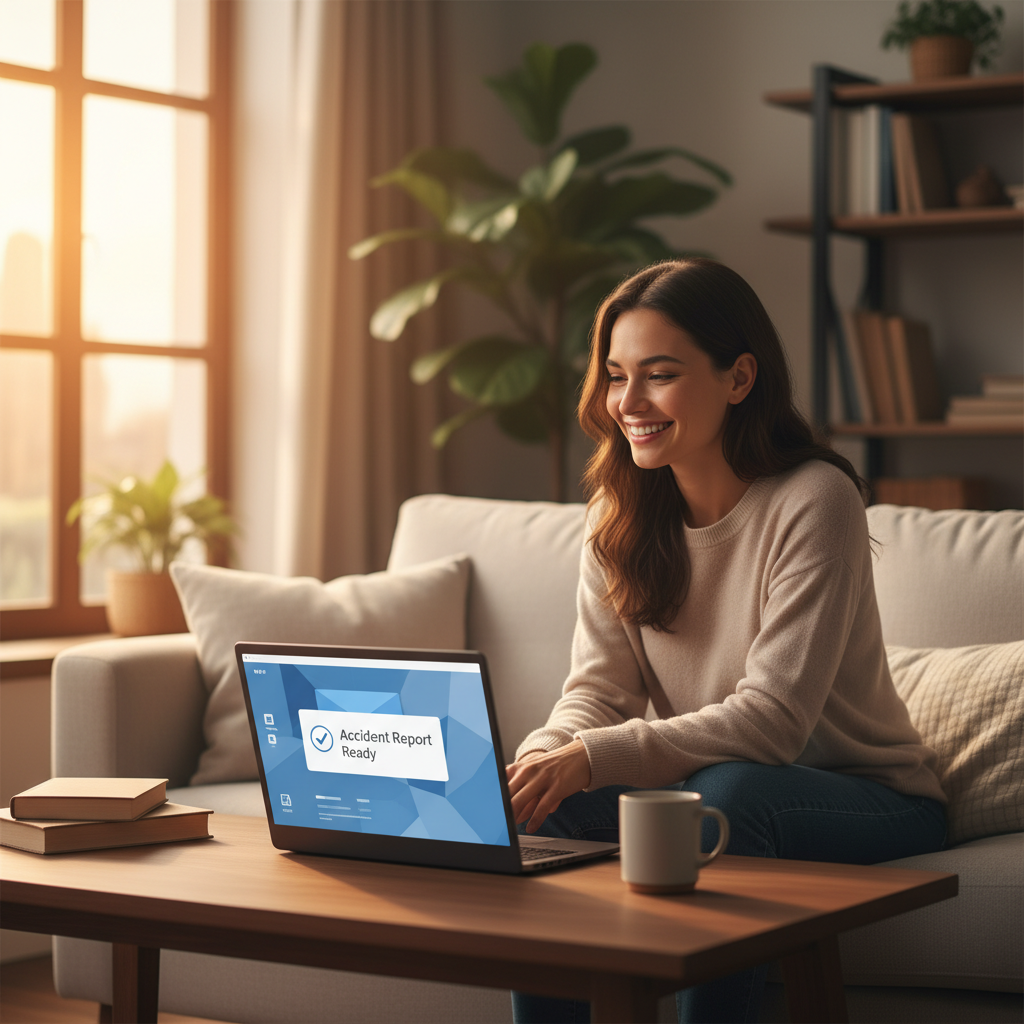 Person at home smiling with relief after receiving an email that their police accident report is ready