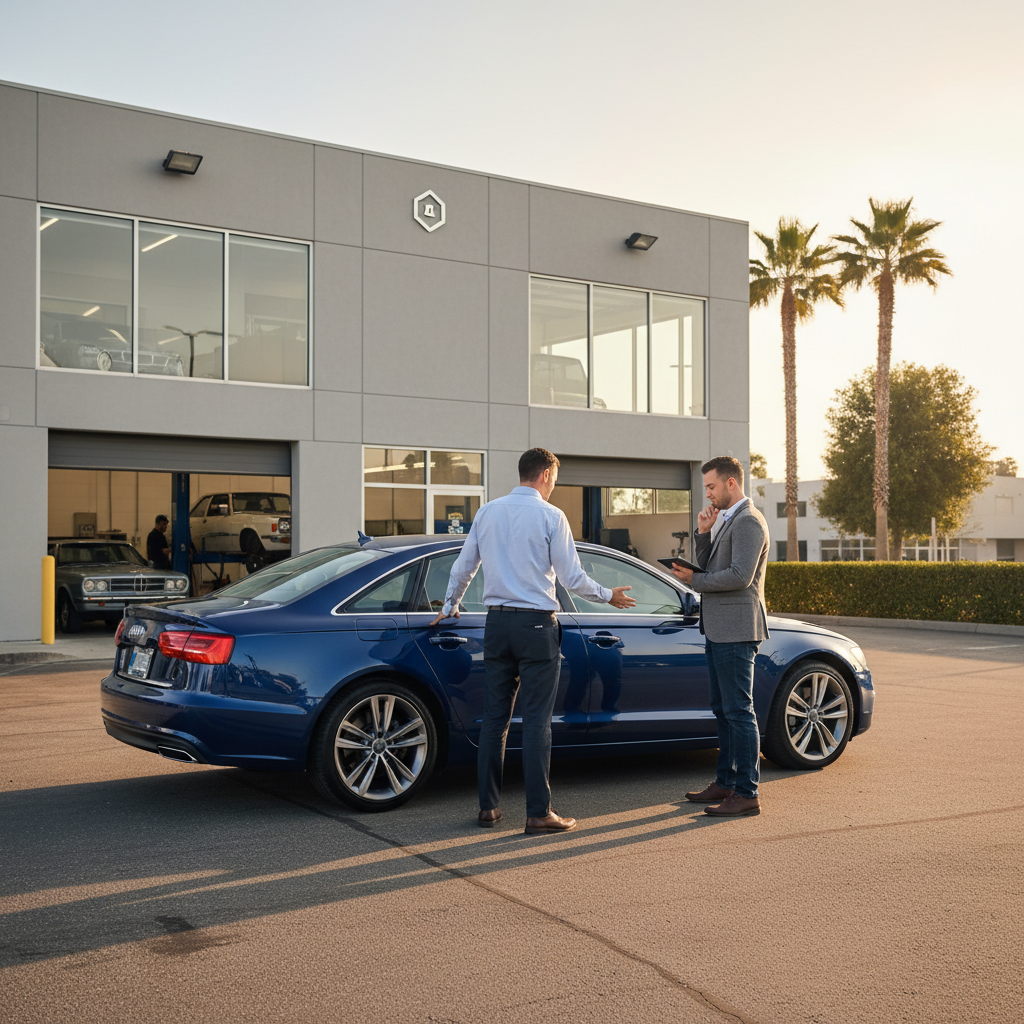 Recently repaired car outside an auto body shop as owner discusses its diminished value