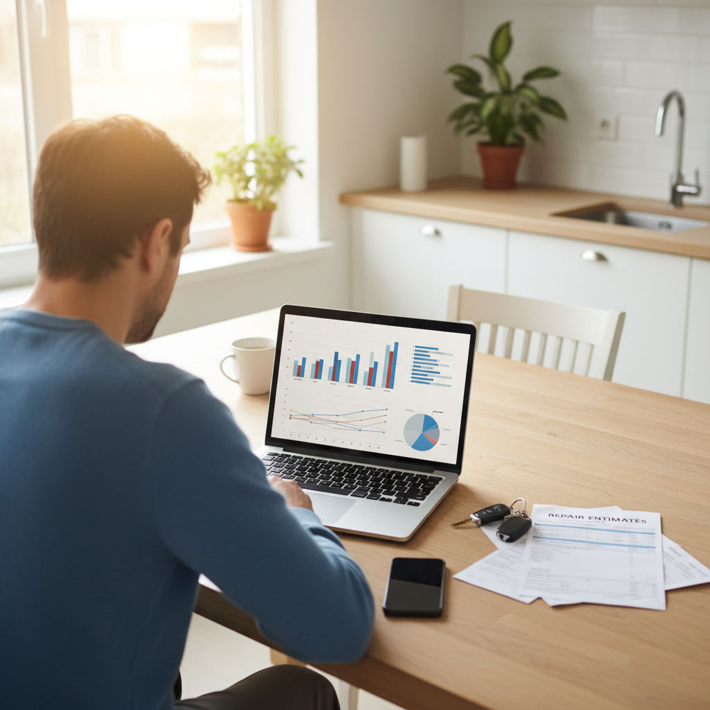 Driver using a laptop at home with car keys and repair paperwork to order a diminished value report online