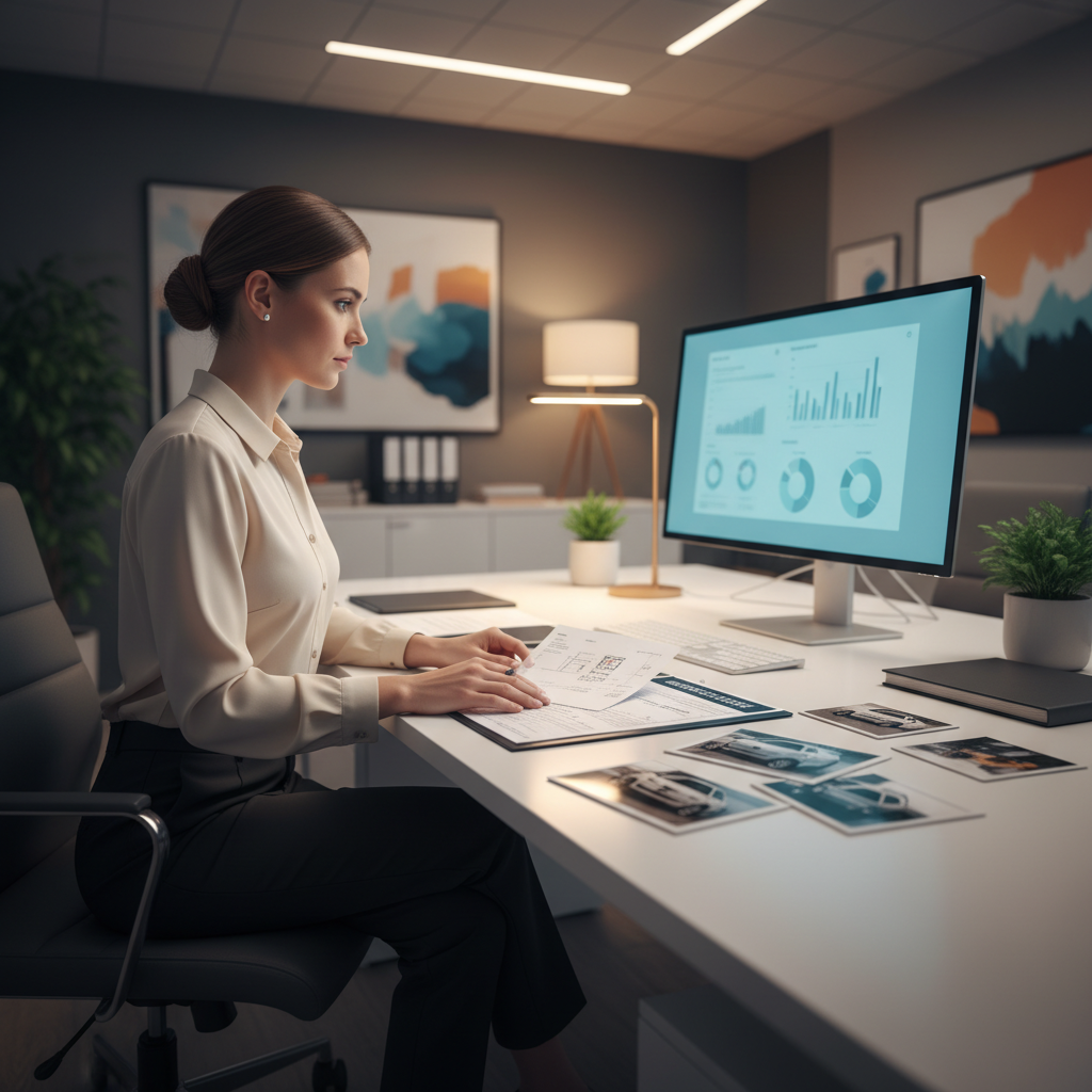 Insurance professional at a desk reviewing a police accident report and photos for a diminished value claim