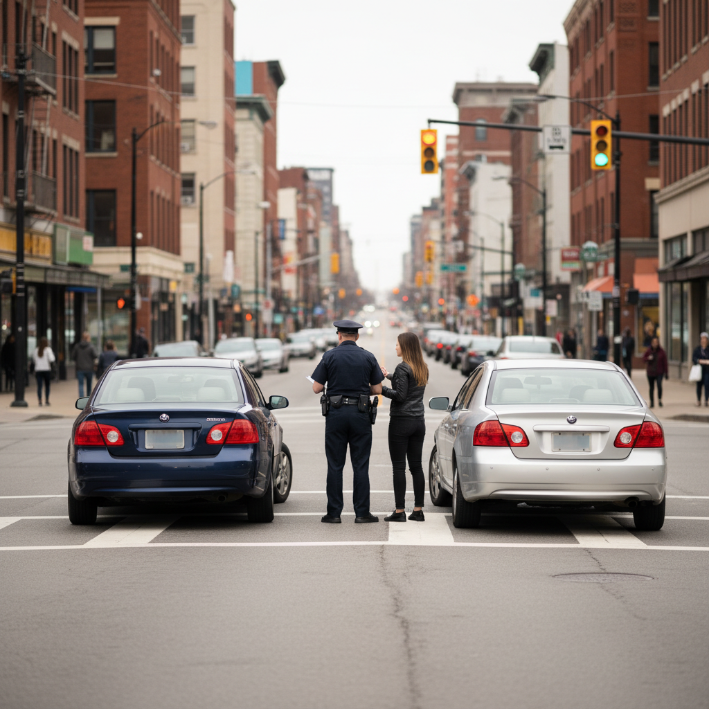 Police officer speaking with drivers at a minor car accident scene on a city street