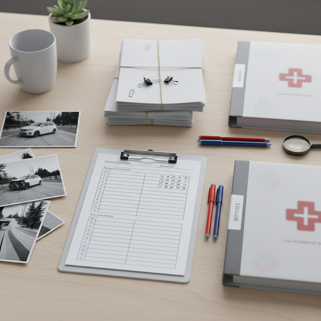 Organized paperwork and checklist on a desk representing evidence to correct a police accident report