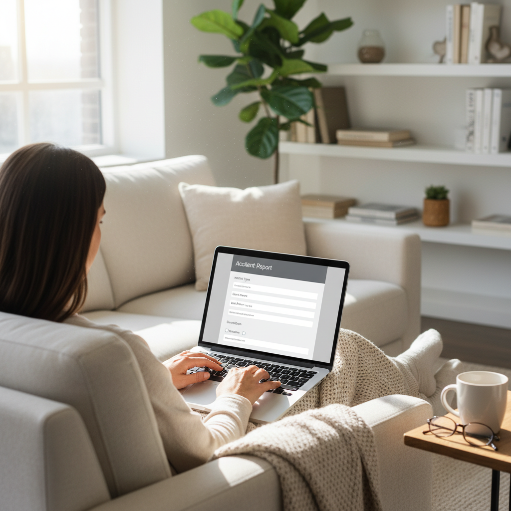 Person at home using a laptop to access an online accident report service