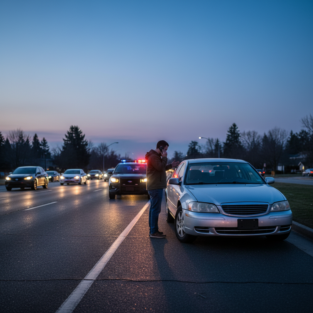 Damaged car on roadside with police vehicle behind it after a hit and run, driver on phone filing a police report