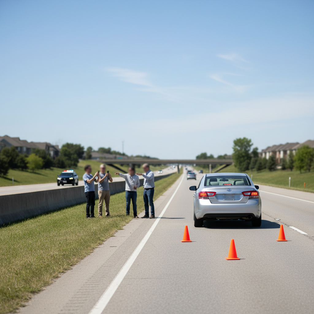 Roadside scene with car on shoulder, safety cones, and police vehicle approaching after a minor hit and run crash