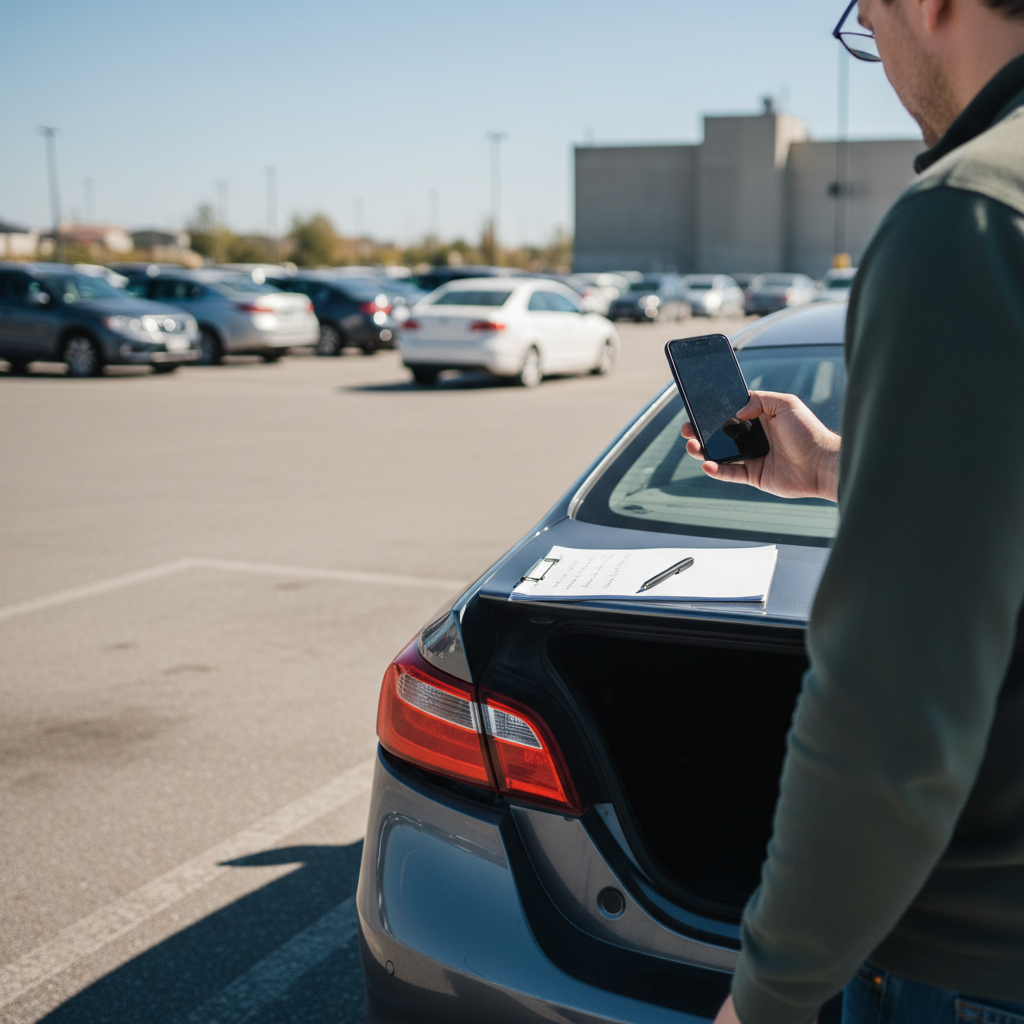 Driver documenting bumper damage with a smartphone and notes after a hit and run crash