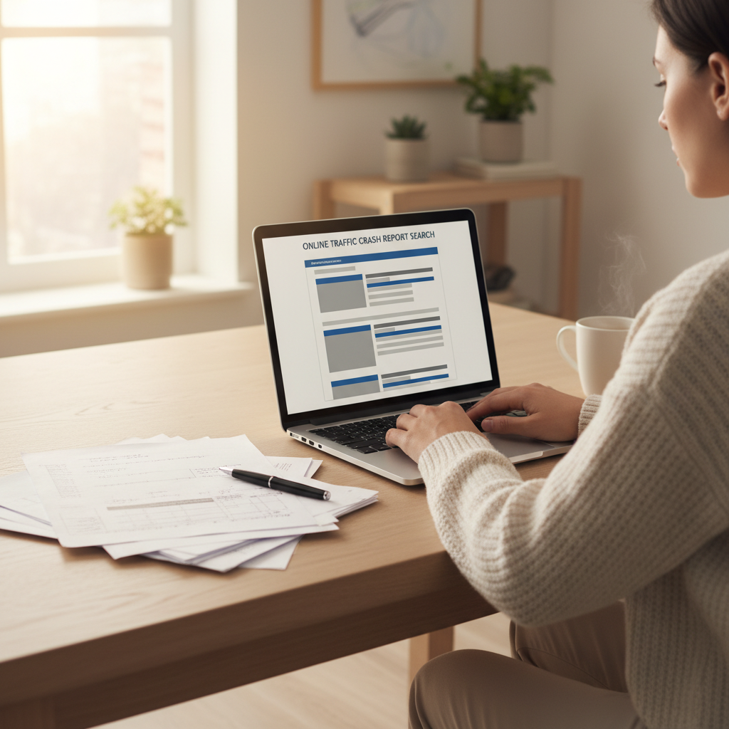 Person at home using a laptop to look up an online hit and run police report