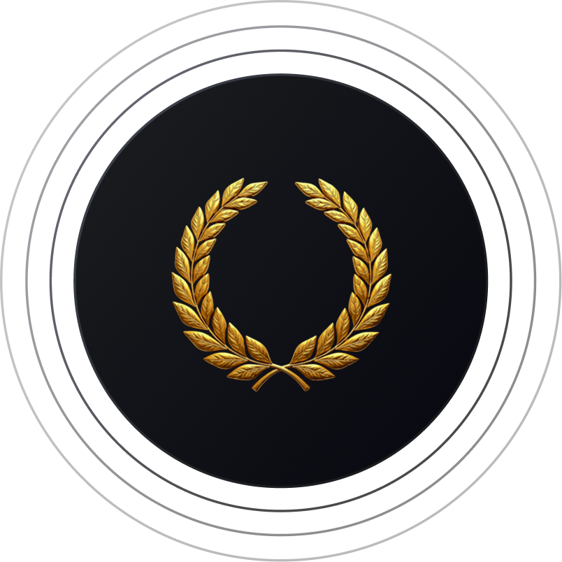 Golden laurel wreath with detailed leaves on a dark circular background.