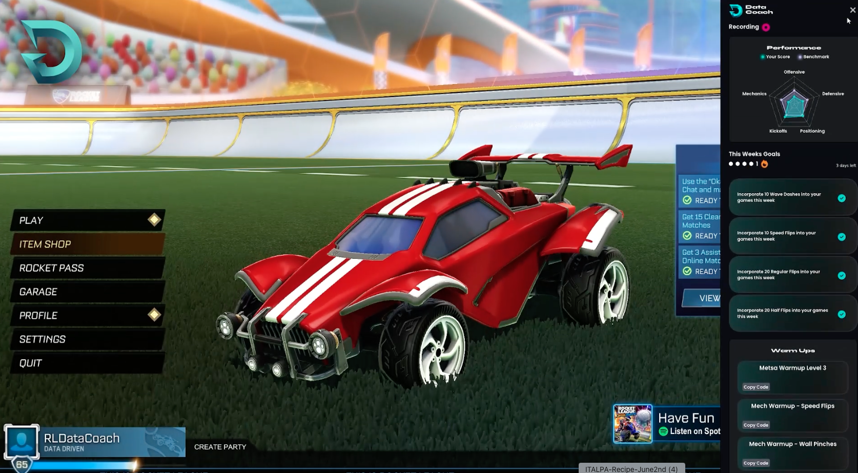 Rocket League game menu screen showing a red and white car on a soccer field with options on the left and player performance stats on the right.