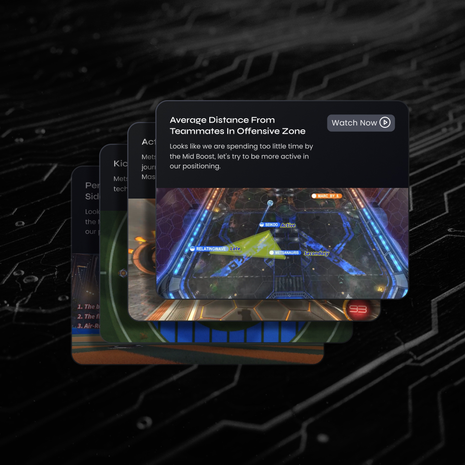 Stacked gaming strategy cards showing Rocket League gameplay analysis with player positioning and tips.