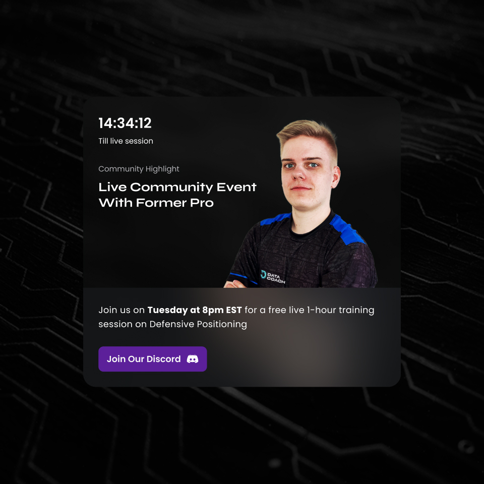 Promotional graphic for a live community event with former pro featuring a young man in a black and blue shirt, countdown timer, and call to join Discord for training on Defensive Positioning Tuesday at 8pm EST.
