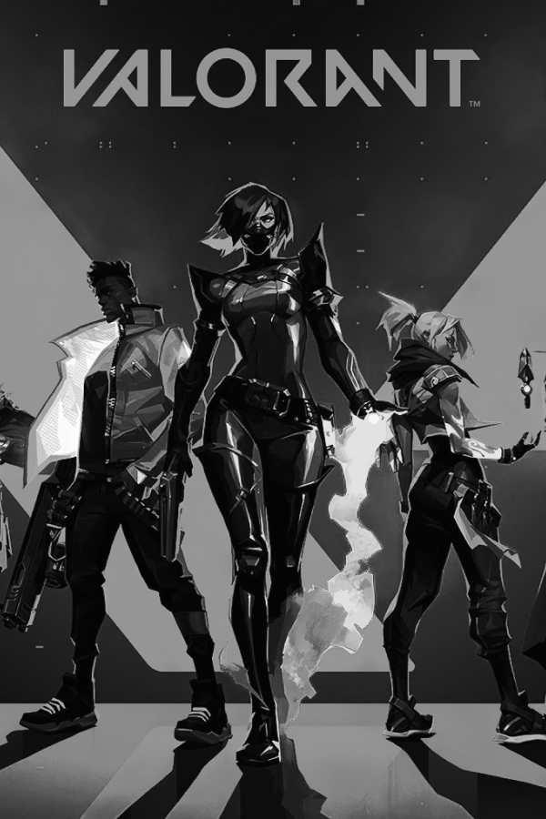 Three Valorant characters standing in front of a large stylized 'V' with the Valorant logo above them.