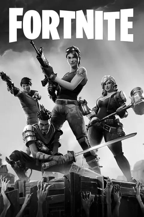 Four Fortnite characters armed with weapons standing on a crate while zombie hands reach up from below, with the Fortnite logo above them.