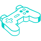 Turquoise outline of a video game controller with buttons and directional pad.