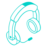 Turquoise line art icon of a headset with microphone.