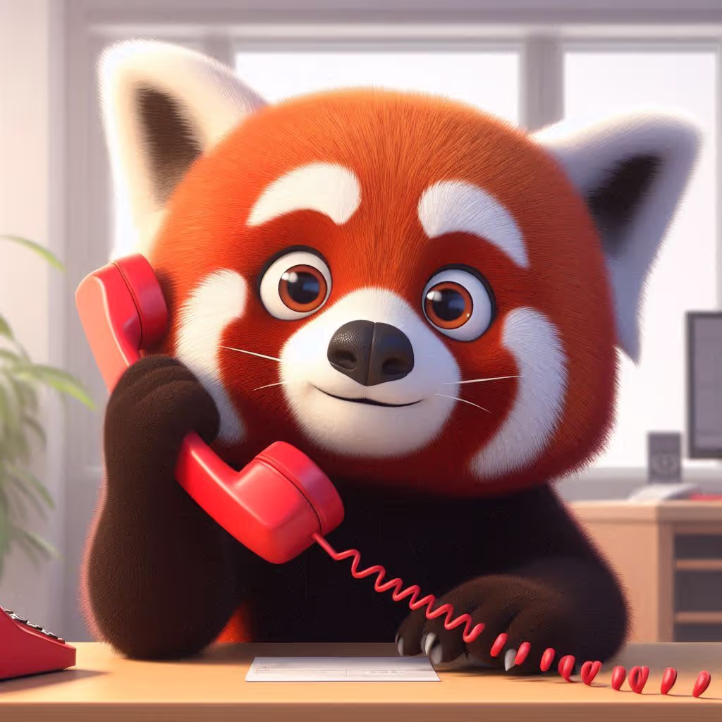Bobo, Ailurus’s red panda mascot, holding a red telephone