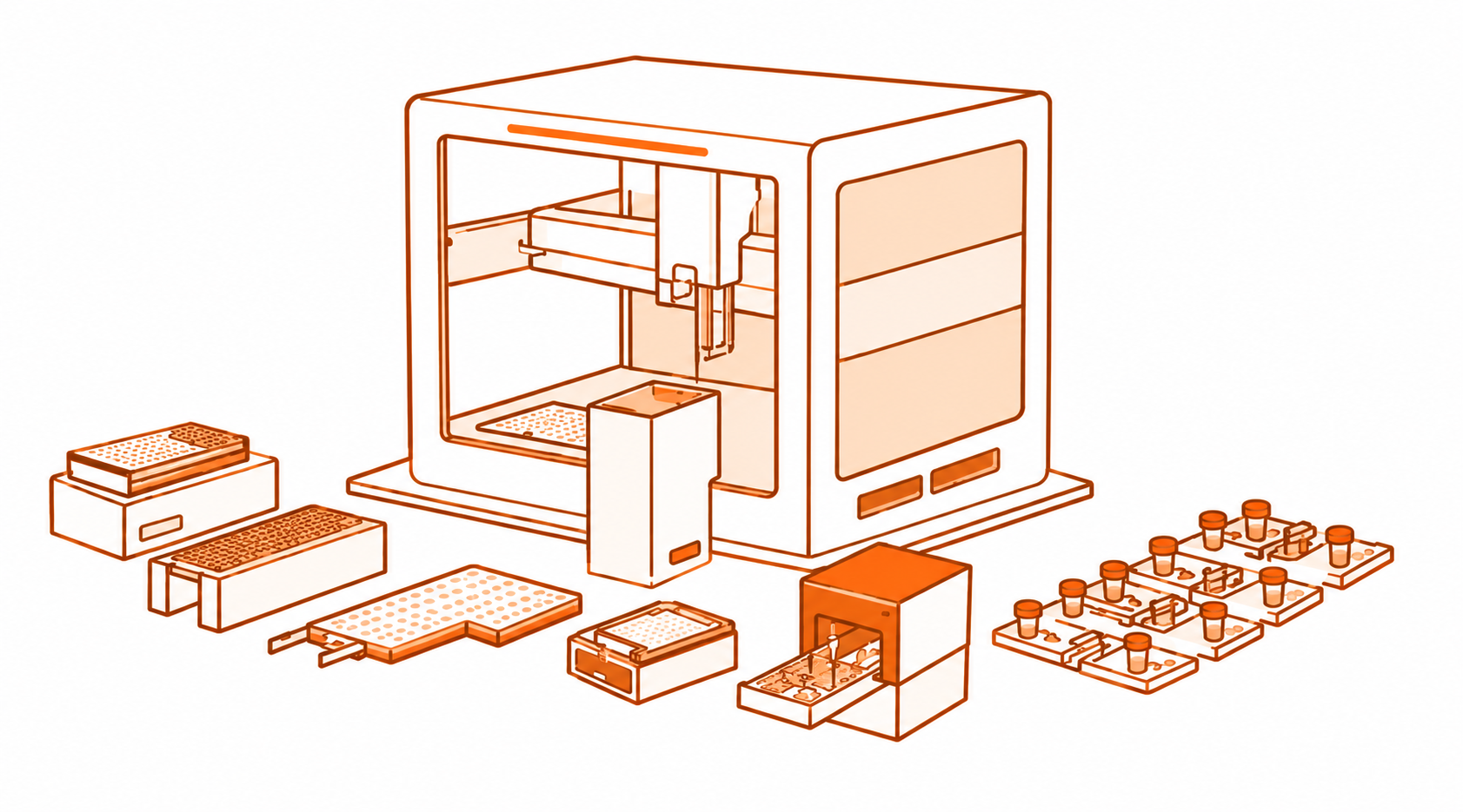 Orange technical illustration of an Opentrons liquid-handling robot, labware and sample racks