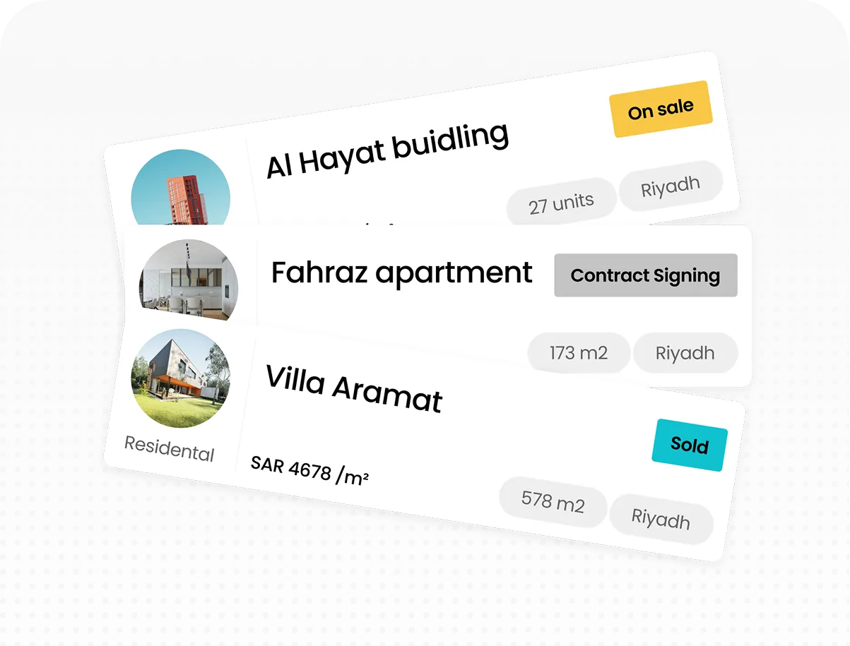 Listings of three residential properties in Riyadh with images and status labels: Al Hayat building on sale, Fahraz apartment in contract signing, and Villa Aramat sold.