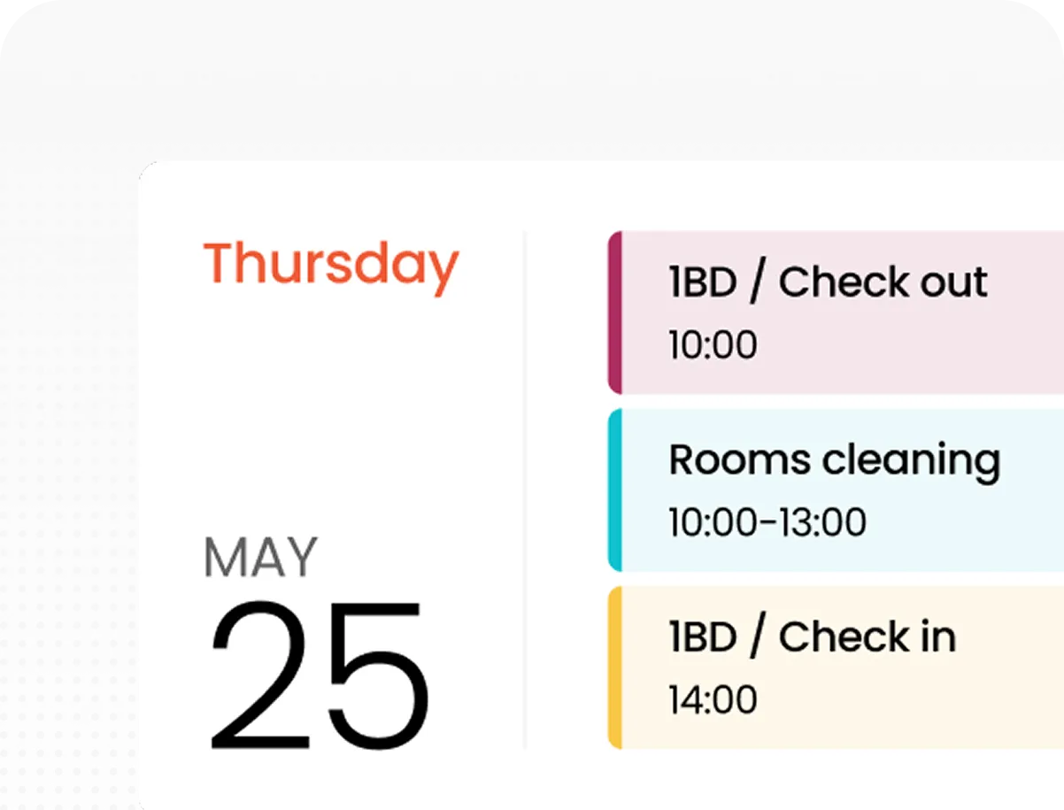 Calendar showing Thursday, May 25 with scheduled events: 1BD check out at 10:00, rooms cleaning from 10:00 to 13:00, and 1BD check in at 14:00.