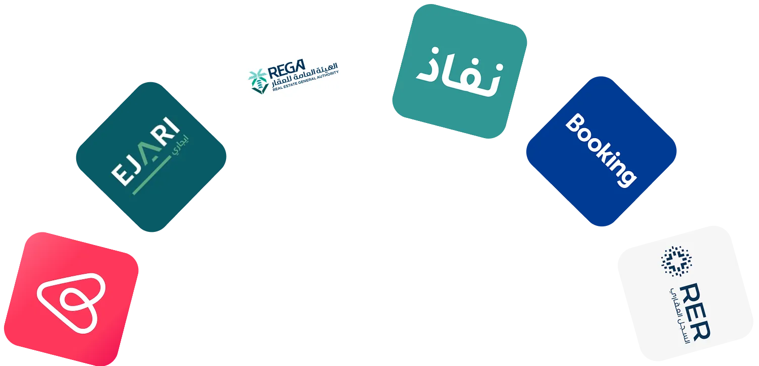 Hexagonal icons for Real Estate General Authority, Ejari, Nafath, Booking, Airbnb, and RER integrations arranged in a curved layout.