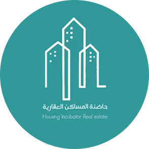 Logo with three stylized white buildings and text in Arabic and English reading Housing Incubator Real estate on a teal circle background.