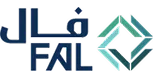 شعار شريك FAL يتميز بنص عربي وإنجليزي منمق مع شعار هندسي فيروزي.
