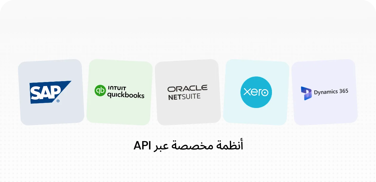 Logos of SAP, Intuit QuickBooks, Oracle NetSuite, Xero, and Dynamics 365 displayed above Arabic text reading 'API specialized systems'.
