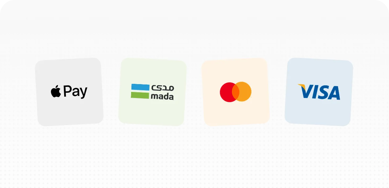 Payment method logos including Apple Pay, mada, Mastercard, and Visa.