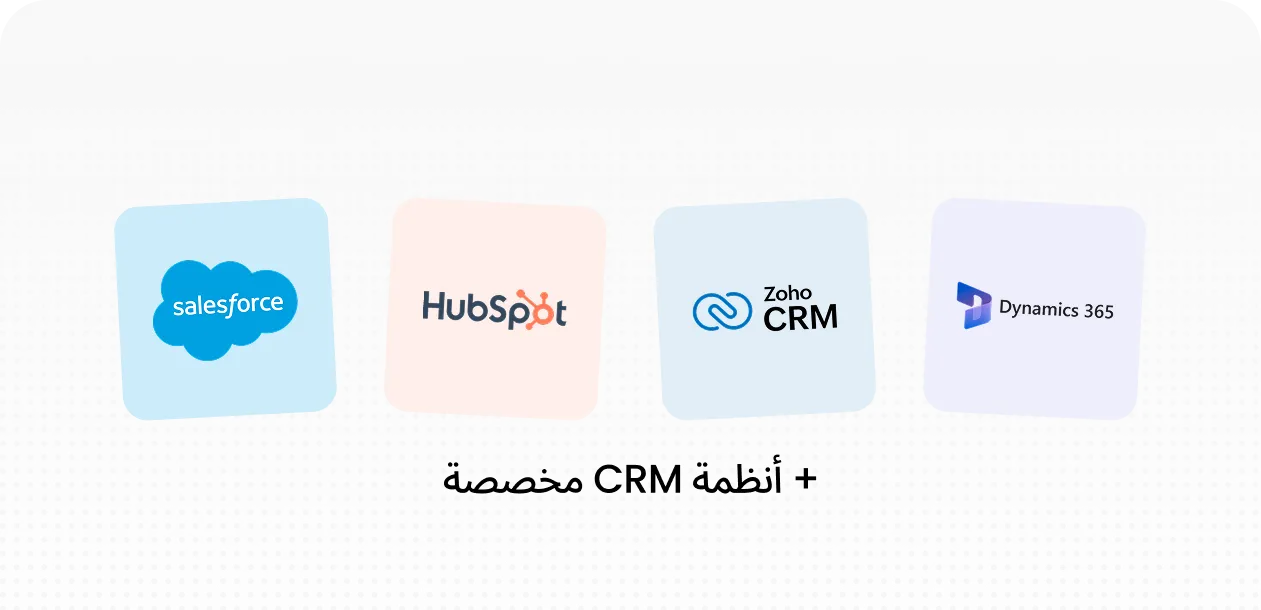 Logos of CRM systems Salesforce, HubSpot, Zoho CRM, and Dynamics 365 above Arabic text meaning Customized CRM systems.