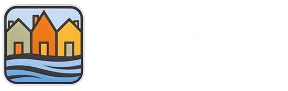 Logo with stylized houses in orange, yellow, and green above blue waves, with the text Riverside Painting.