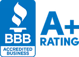 BBB Accredited Business logo with a white torch icon on blue background and blue A+ rating text.