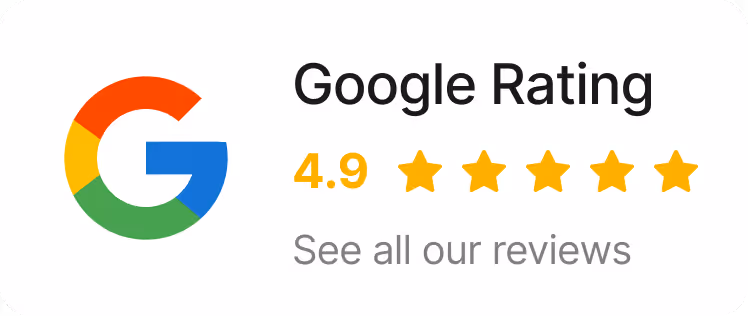 Google logo with a 4.9 star rating out of 5 and text inviting to see all reviews.