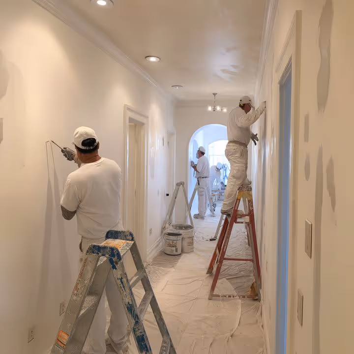 Workers in white uniforms painting and preparing the walls inside a hallway with ladders and drop cloths covering the floor.