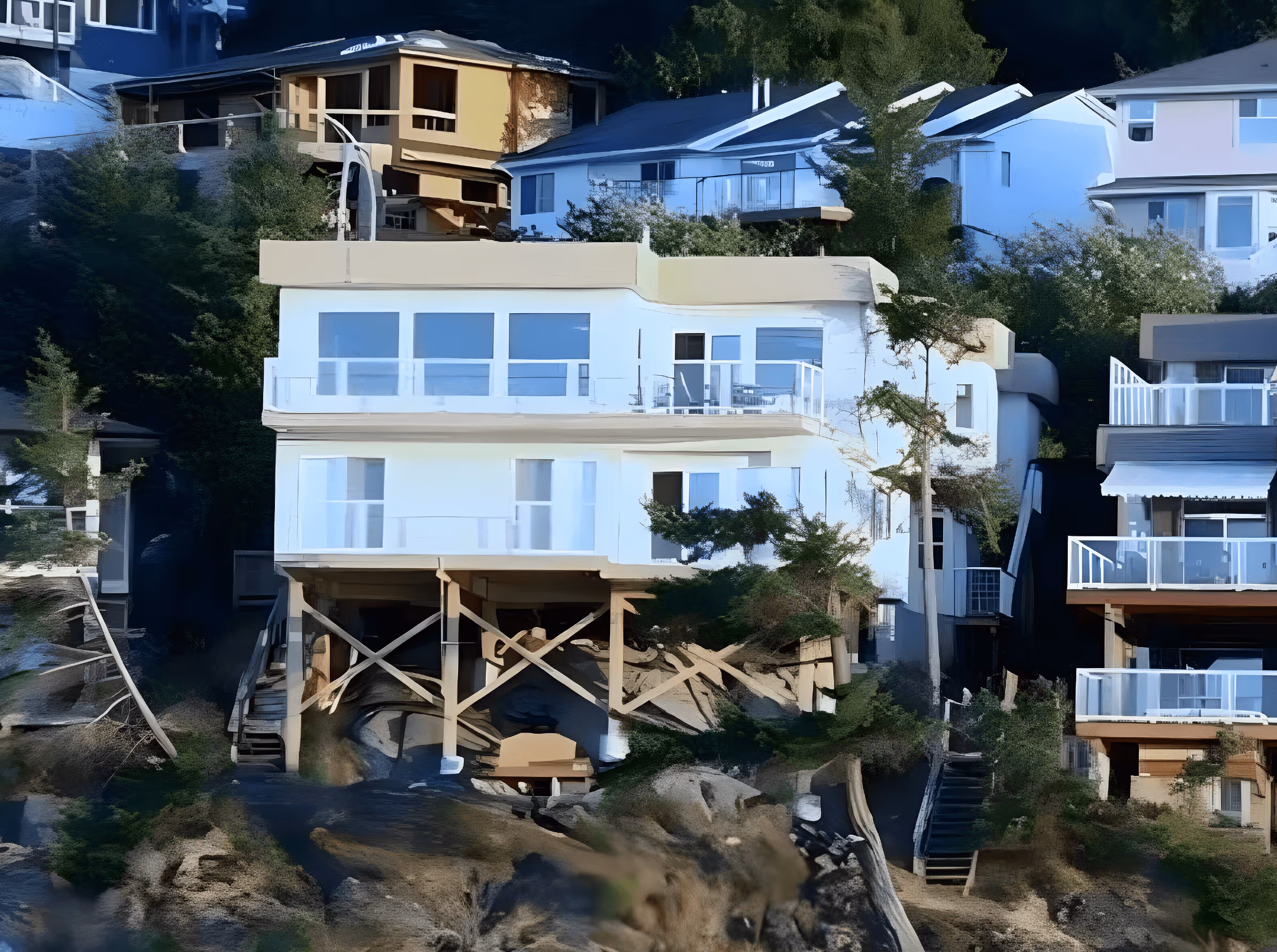 Modern white house on stilts with large windows and balconies surrounded by trees and other houses on a hillside.