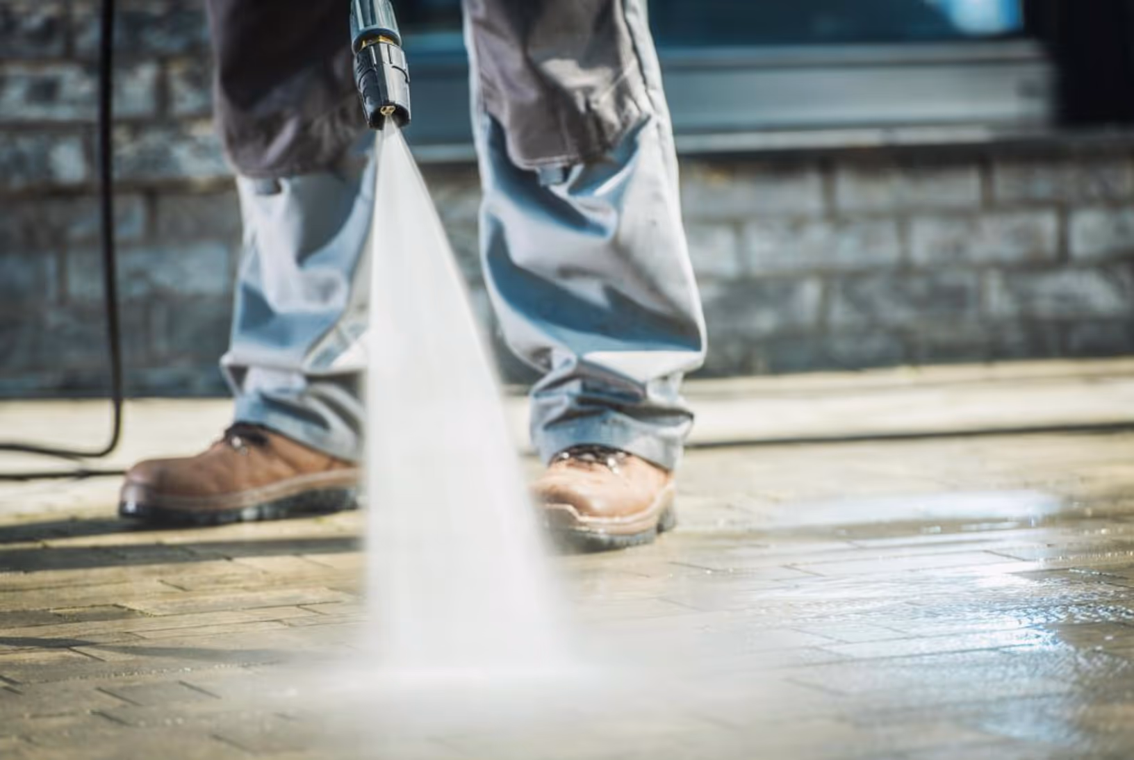 Person wearing brown boots and jeans power washing a paved surface with a high-pressure water spray.