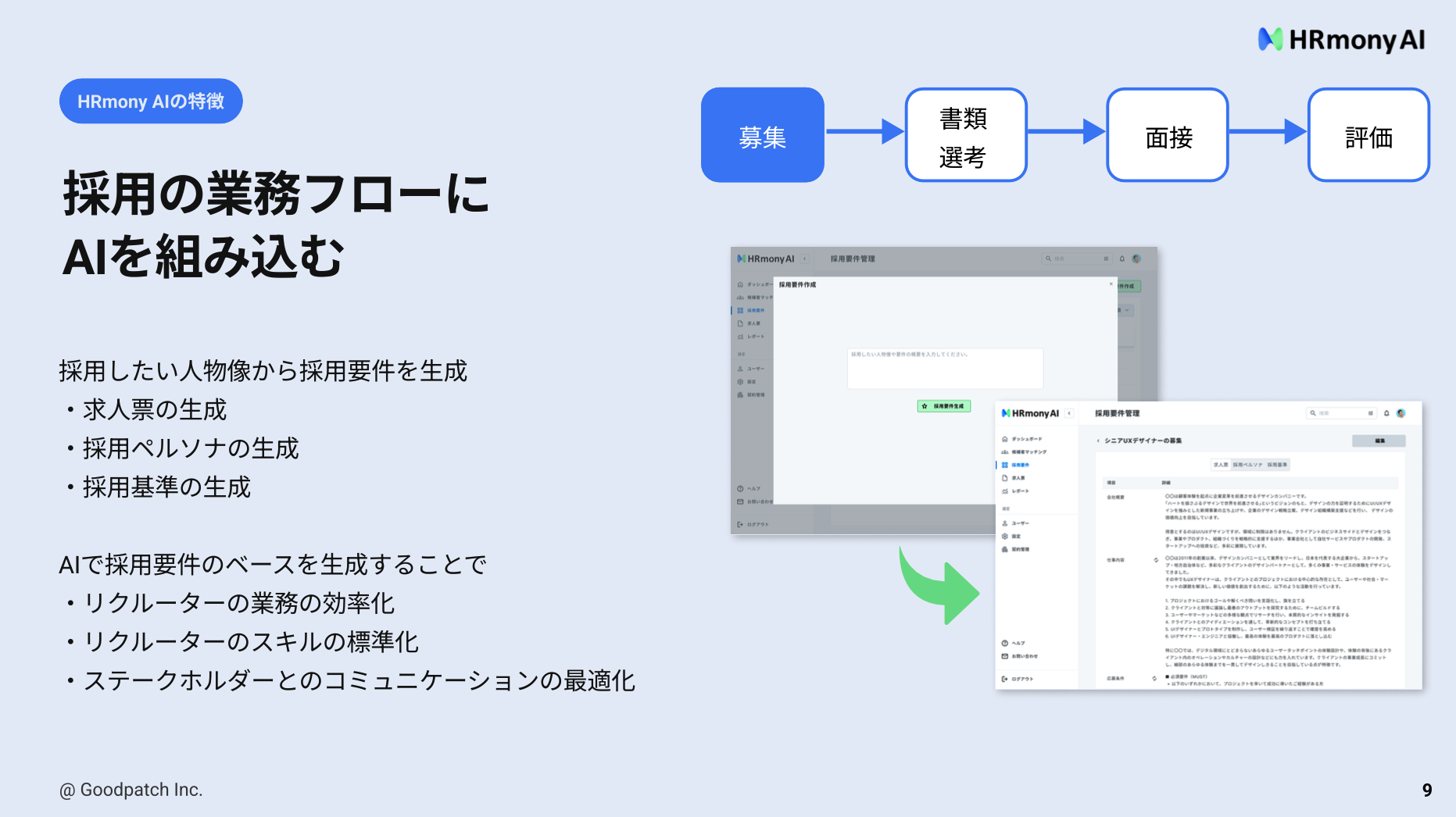 HRmony AIで採用要件を作り、採用フローへつなぐ画面