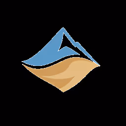 Abstract logo combining a blue mountain peak above a golden wavy shape on a black background.