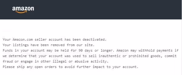 Amazon notification stating that the seller account has been deactivated, listings removed, funds may be held for 90 days or longer, and a warning about prohibited activities.