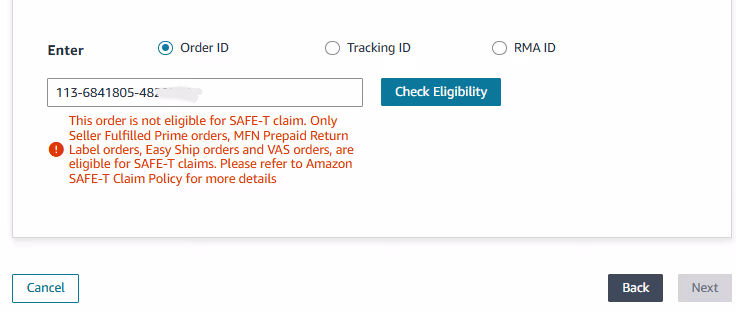 Form to check eligibility for SAFE-T claim with options to enter Order ID, Tracking ID, or RMA ID, showing an error message about ineligibility for the entered Order ID.