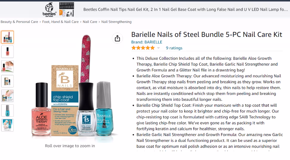 Product image of Barielle Nails of Steel Bundle 5-PC Nail Care Kit showing three nail care bottles and one nail file with product descriptions.
