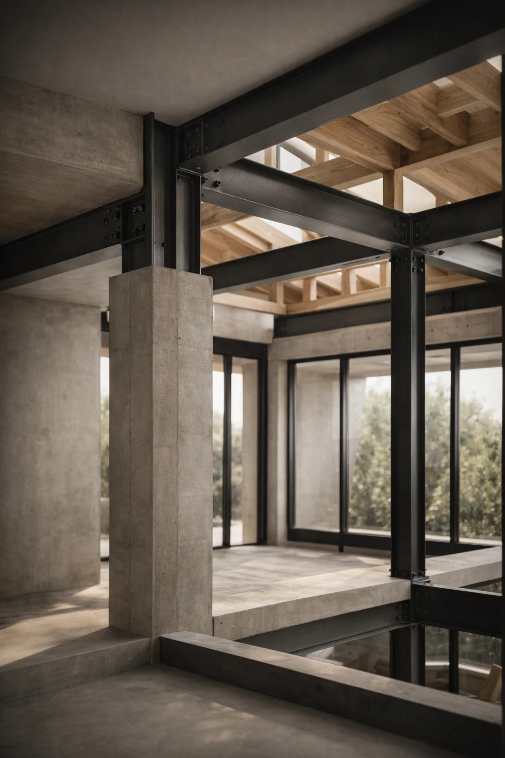 Structure architecturale haut de gamme avec acier, béton et bois d’ingénierie, mise en valeur par une lumière naturelle douce.