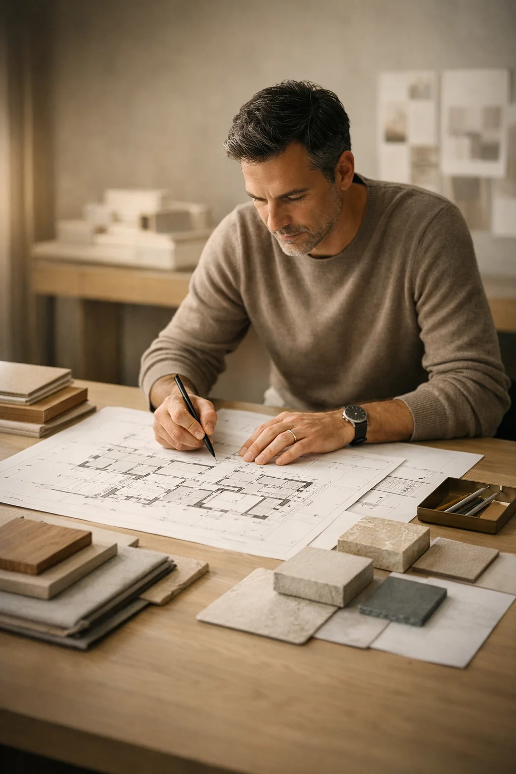 Architecte étudiant des plans de conception intérieure dans un studio de design haut de gamme