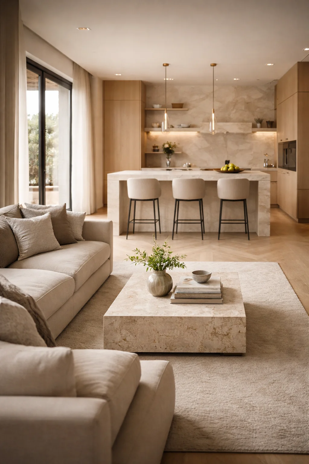 Rénovation intérieure haut de gamme avec cuisine et salon modernes, lumineux et élégants.