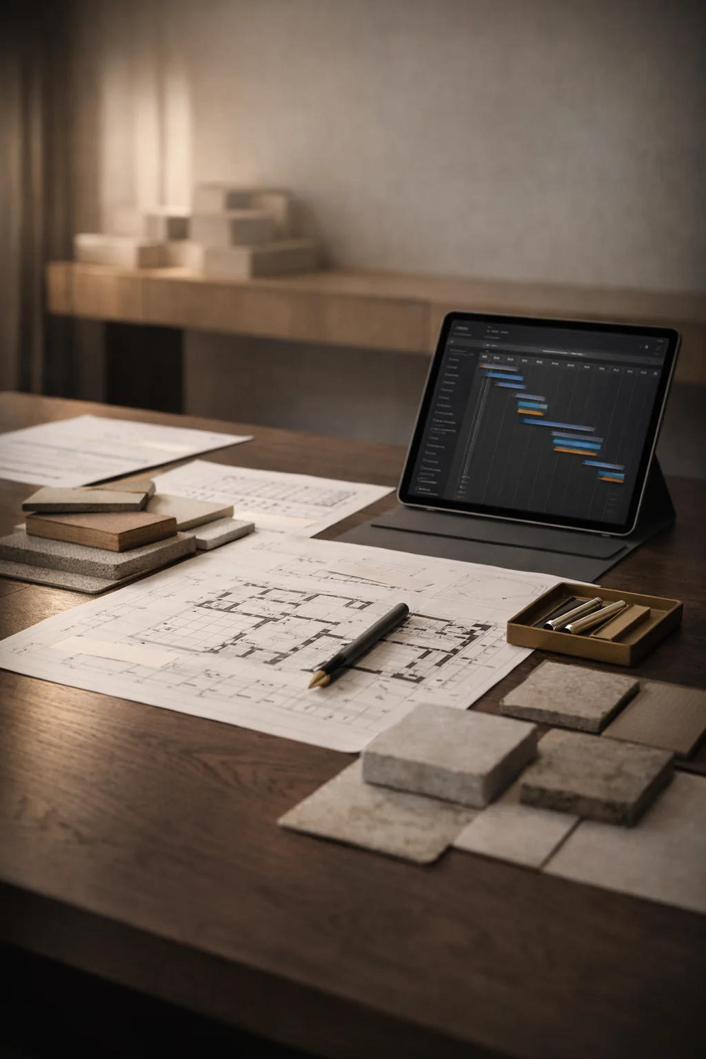 Gestion de projet en rénovation résidentielle haut de gamme avec plans architecturaux, échantillons de matériaux et planning numérique, illustrant la coordination, la précision et l’expertise en construction.